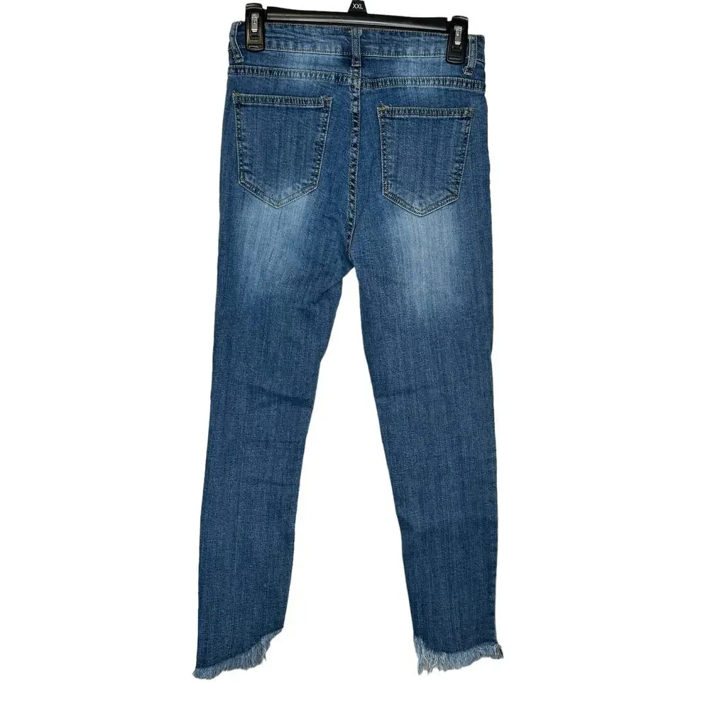 Unbranded Women's Jeans Distressed Frayed‎ Hem Skinny Mid-Rise Denim Blue Small